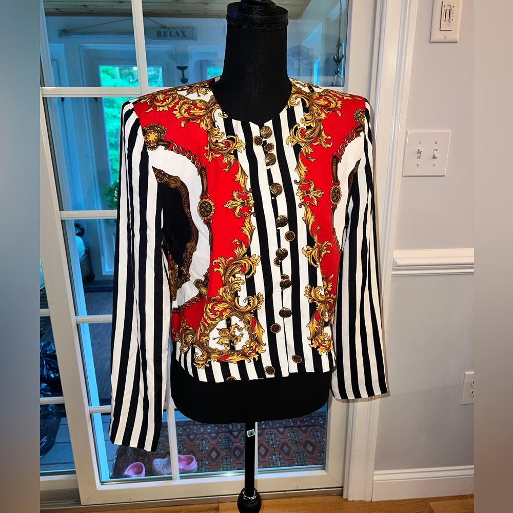 Women's Vintage Black and White Stripe Red & Gold Detailed Blazer Jacket  S/6
